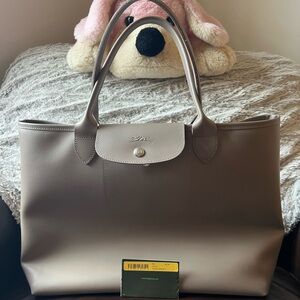 Longchamp Taupe Le Pliage City top handle tote bag